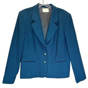 Pendleton Women’s Navy and Teal Wool Houndstooth Three-Button Blazer - Size 14
